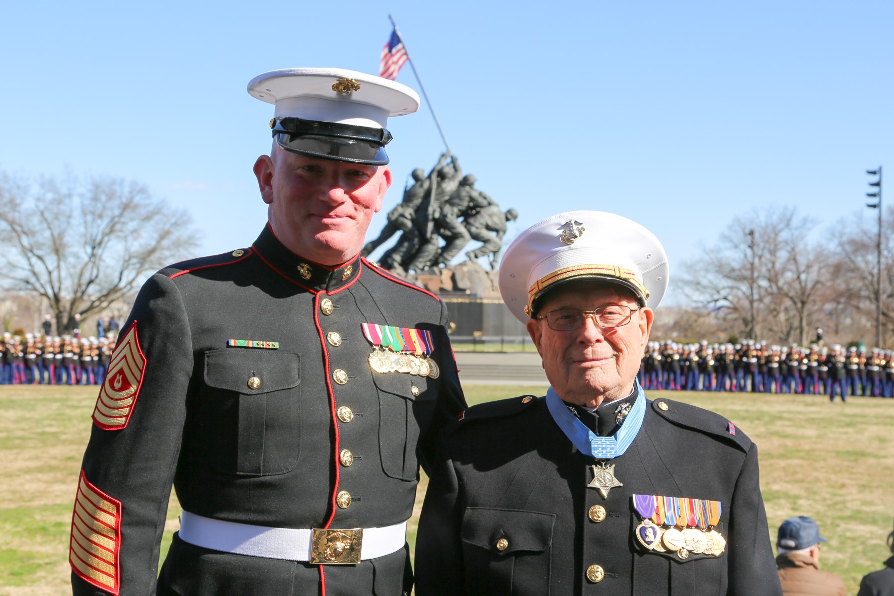 MGySgt Peter Wilson, U.S. Marine Band, with Medal of Honor Recipient and Iwo Jima Survivor Hershel Woodrow "Woody" Williams
